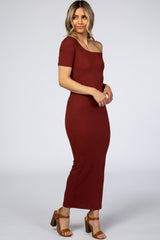 Burgundy Ribbed One Shoulder Fitted Dress