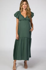 Forest Green Crochet Trim Ruffle Tiered Maternity Maxi Dress