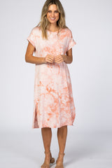 Peach Tie Dye Short Sleeve Midi Dress