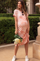 Peach Tie Dye Short Sleeve Maternity Midi Dress