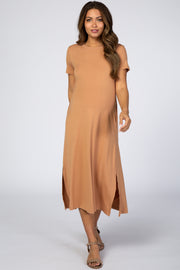 Camel Side Slit Maternity Midi Dress