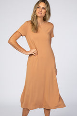 Camel Side Slit Midi Dress