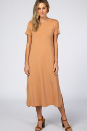 Camel Side Slit Midi Dress