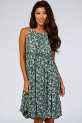 Green Floral Ruffle Waist Halter Dress