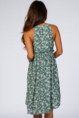 Green Floral Ruffle Waist Halter Dress