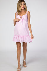 Pink Checkered Sweetheart Neck Front Tie Maternity Dress