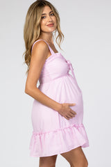 Pink Checkered Sweetheart Neck Front Tie Maternity Dress