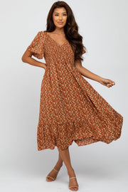 Rust Floral Smocked V-Neck Midi Dress