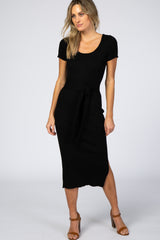 Black Ribbed Fitted Side Slit Maternity Dress