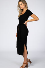 Black Ribbed Fitted Side Slit Dress