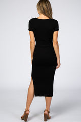 Black Ribbed Fitted Side Slit Dress