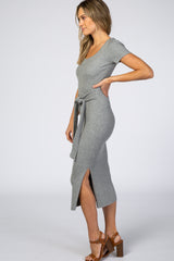 Grey Ribbed Fitted Side Slit Dress