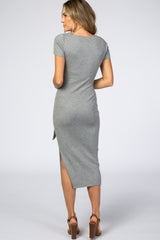 Grey Ribbed Fitted Side Slit Dress