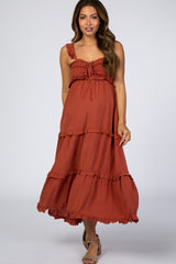 Rust Ruffle Tiered Maternity Midi Dress