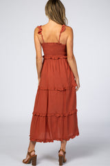 Rust Ruffle Tiered Midi Dress