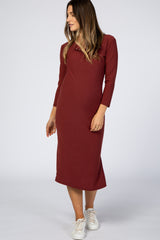 Burgundy 3/4 Sleeve Maternity Midi Dress