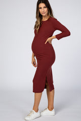 Burgundy 3/4 Sleeve Maternity Midi Dress