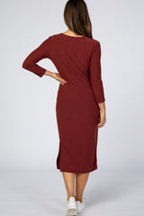 Burgundy 3/4 Sleeve Maternity Midi Dress