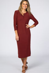 Burgundy 3/4 Sleeve Maternity Midi Dress