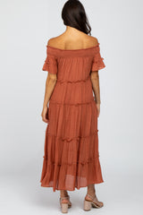 Rust Off Shoulder Tiered Maxi Dress