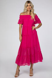 Fuchsia Off Shoulder Tiered Maxi Dress