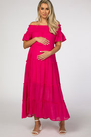 Fuchsia Off Shoulder Tiered Maternity Maxi Dress