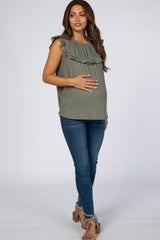 Olive Sleeveless Ruffle Trim Maternity Top