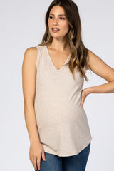 Beige Ribbed Sleeveless Maternity Top