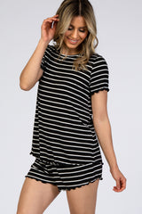 Black Striped Ruffle Trim Pajama Set