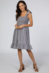 Grey Smocked Ruffle Sleeve Maternity Dress