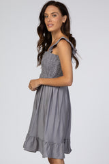 Grey Smocked Ruffle Sleeve Dress