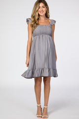 Grey Smocked Ruffle Sleeve Maternity Dress