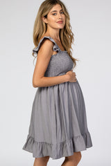 Grey Smocked Ruffle Sleeve Maternity Dress