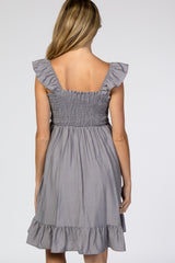 Grey Smocked Ruffle Sleeve Maternity Dress