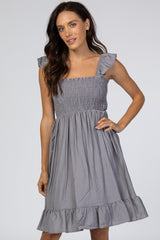 Grey Smocked Ruffle Sleeve Dress