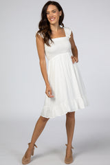 White Smocked Ruffle Sleeve Maternity Dress