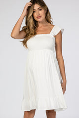 White Smocked Ruffle Sleeve Maternity Dress