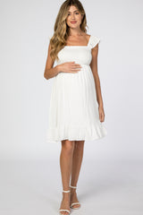 White Smocked Ruffle Sleeve Maternity Dress