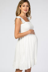 White Smocked Ruffle Sleeve Maternity Dress