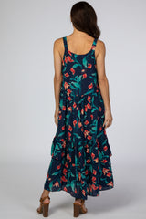 Navy Blue Tropical Floral Square Neck Midi Dress