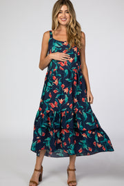 Navy Blue Tropical Floral Square Neck Maternity Midi Dress