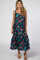 Navy Blue Tropical Floral Square Neck Maternity Midi Dress