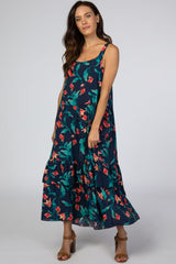 Navy Blue Tropical Floral Square Neck Maternity Midi Dress