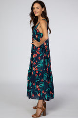 Navy Blue Tropical Floral Square Neck Midi Dress