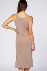 Taupe V-Neck Double Slit Maternity Midi Dress