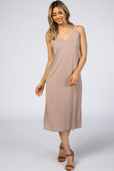 Taupe V-Neck Double Slit Maternity Midi Dress