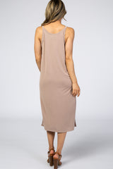 Taupe V-Neck Double Slit Midi Dress