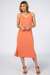 Orange V-Neck Double Slit Maternity Midi Dress