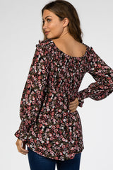 Black Floral Off Shoulder Long Sleeve Maternity Top