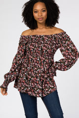 Black Floral Off Shoulder Long Sleeve Maternity Top